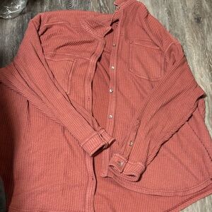 Rust Waffle Knit Button-Up Shirt